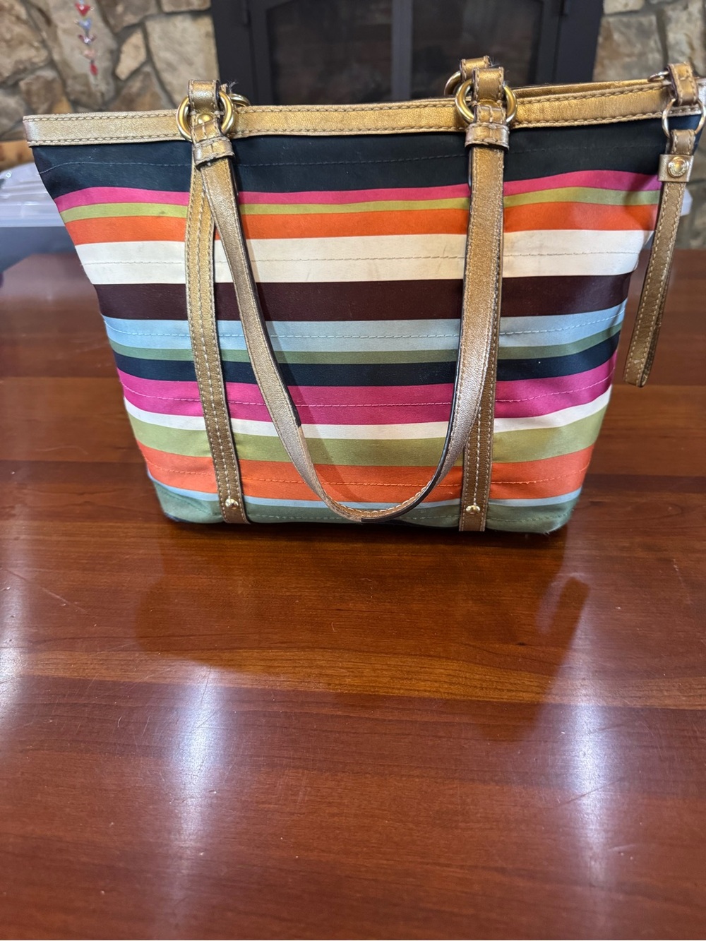 Coach Legacy Stripe Tote C0868-12421 Multicolor Sateen Gold Leather Trim - Picture 2 of 16